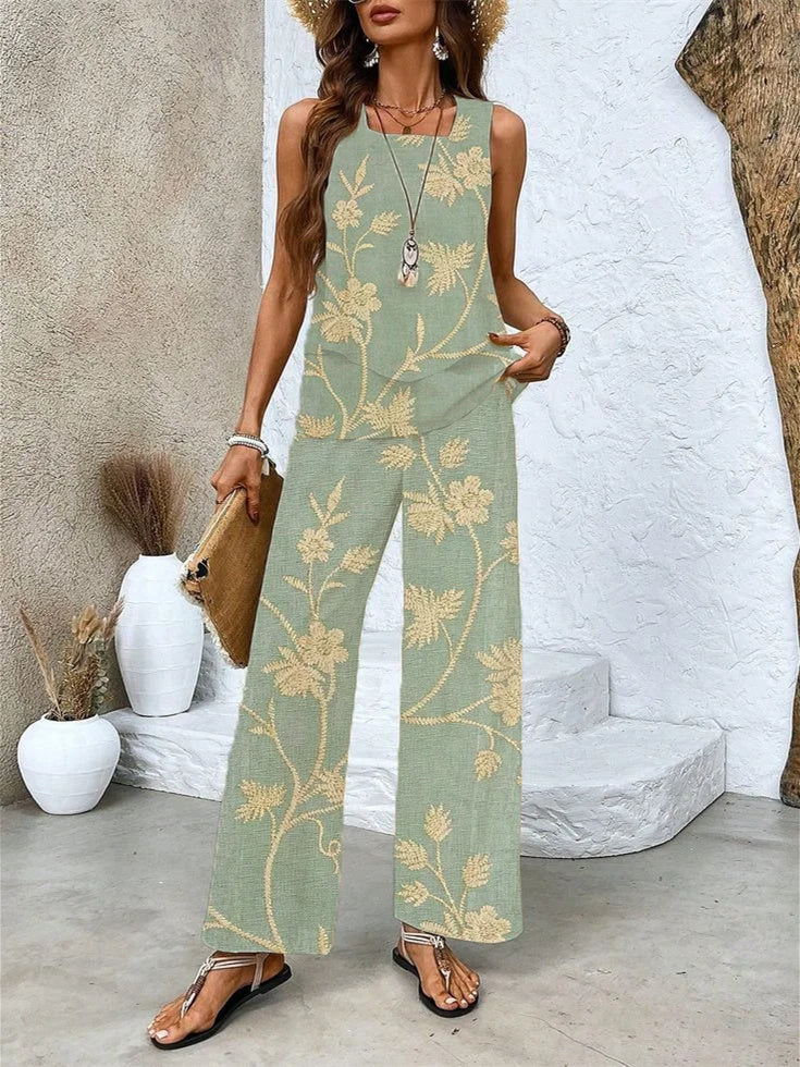 Women's Sleeveless Square Collar Graphic Printed Casual Set