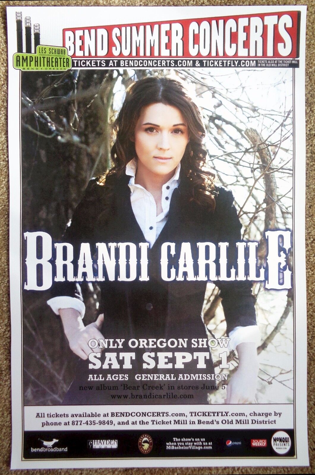 BRANDI CARLILE 2012 Gig POSTER Bend Oregon Concert