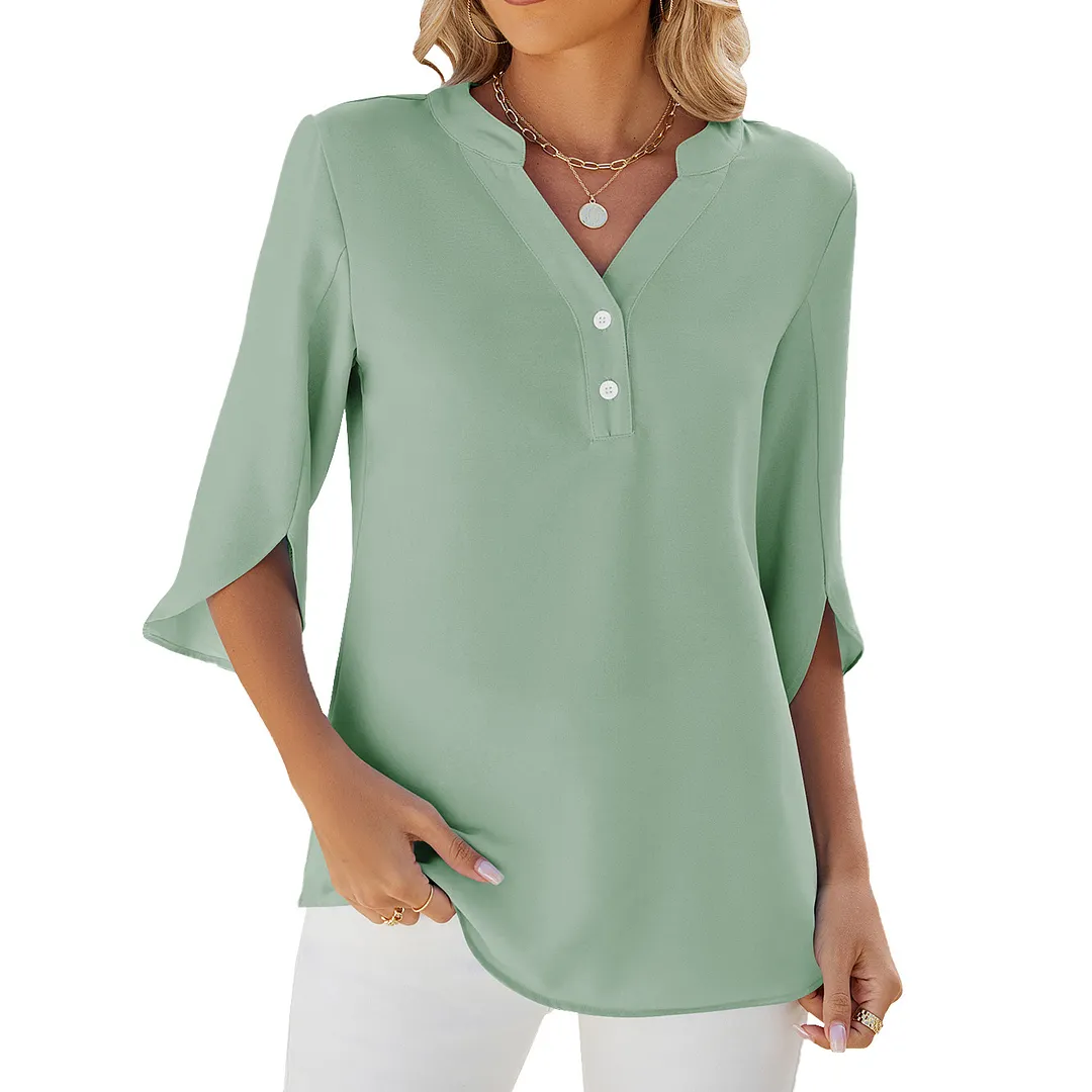 Churchf Churchf / Summer 2024 New V-Neck Button Middle Sleeve Solid Color Casual T-Shirt Chiffon