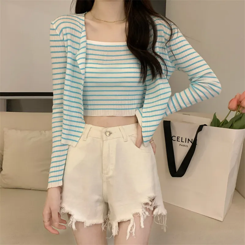 Uveng Uveng Summer New Fashion Temperament Sexy Knitted Striped High-Waisted Sling + Long-Sleeved Open-Shirt Two Sets