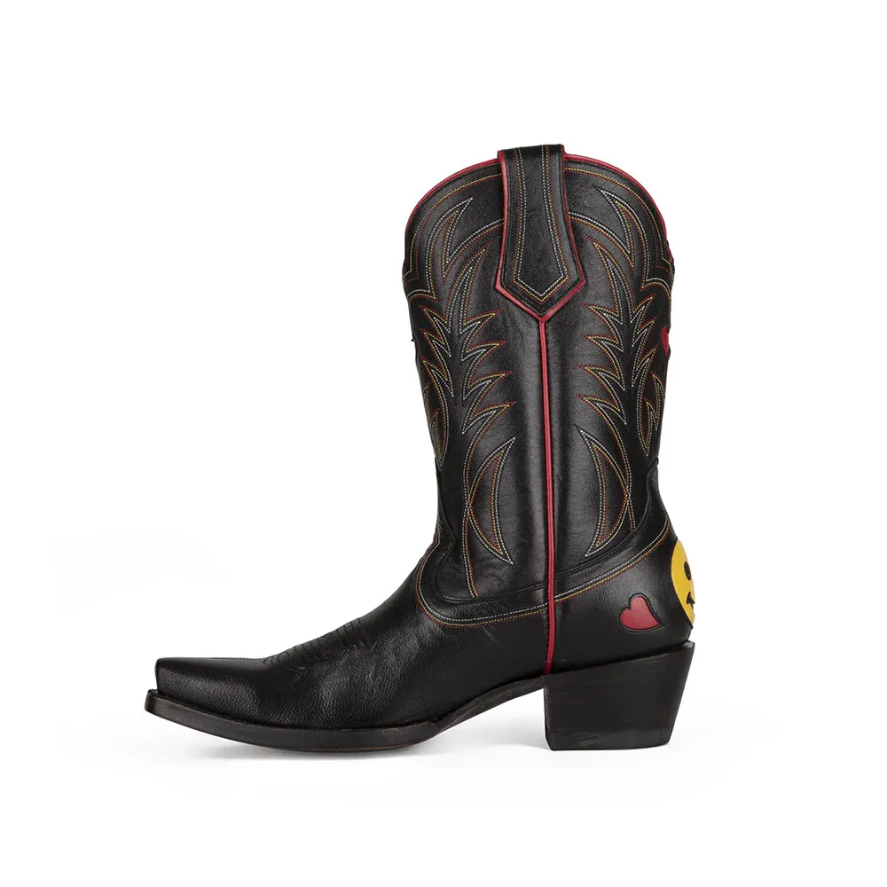 Black Chunky Heel Embroidered Mid-Calf Cowboy Boots for Women