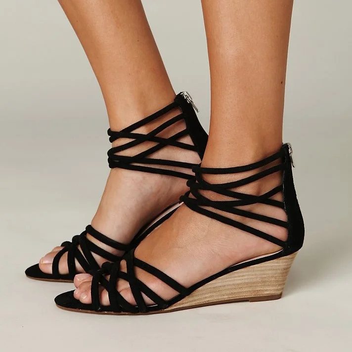 Women's Black Strappy Wedge Heels Sandals |FSJ Shoes
