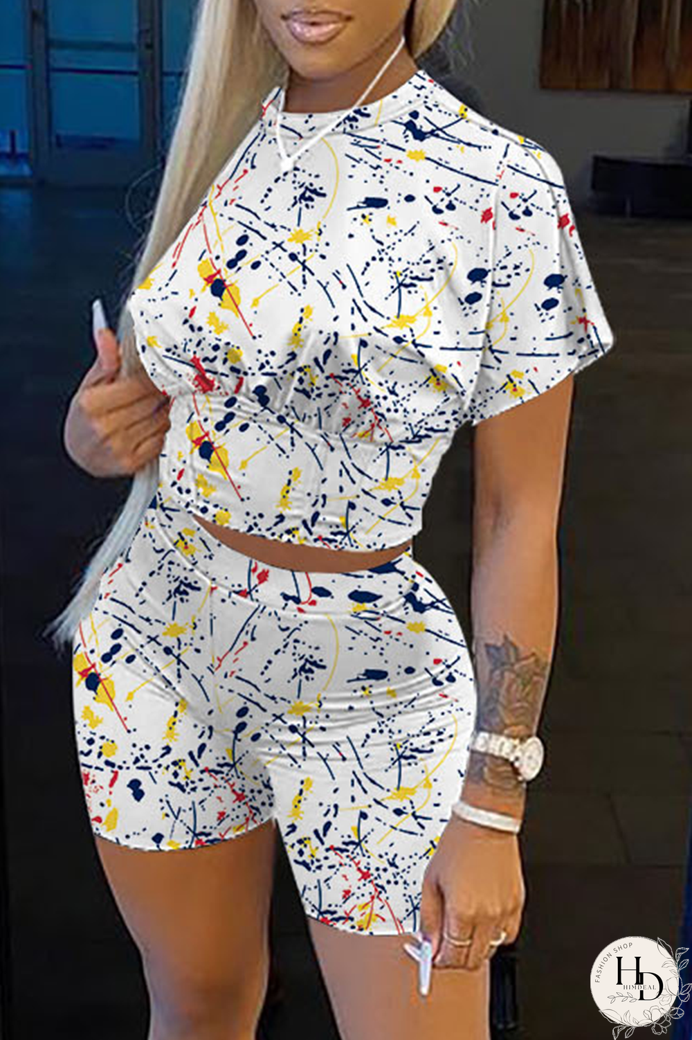 Grey Casual Print Patchwork O Neck Short Sleeve Two Pieces