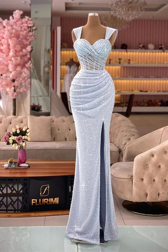 Glamorous Straps Sweetheart Mermaid Sequins Split Evening Dress With Pleated ED0471