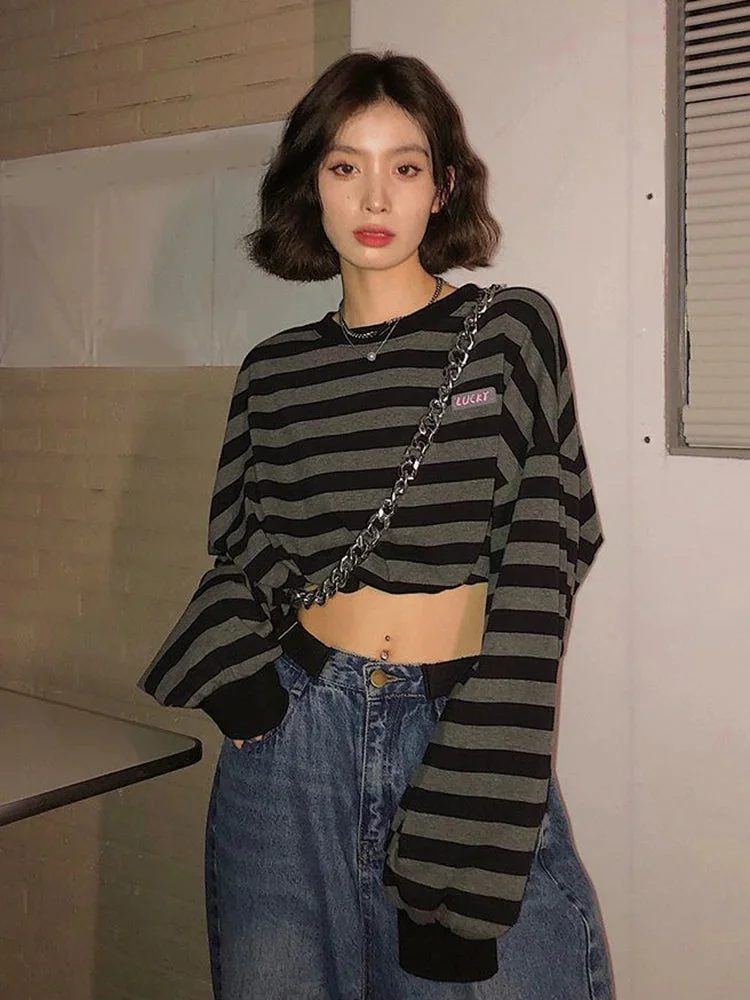 Oocharger Sexy Cropped Y2K Striped Sweatshirts Women Harajuku Gothic Tops Vintage Streetwear Casual Bf Oversize Long Sleeve Pullover