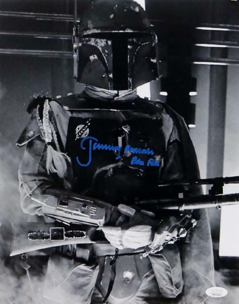 Jeremy Bulloch Autographed Boba Fett B&W Close Up 11x14 Photo Poster painting- JSA W Auth *Blue