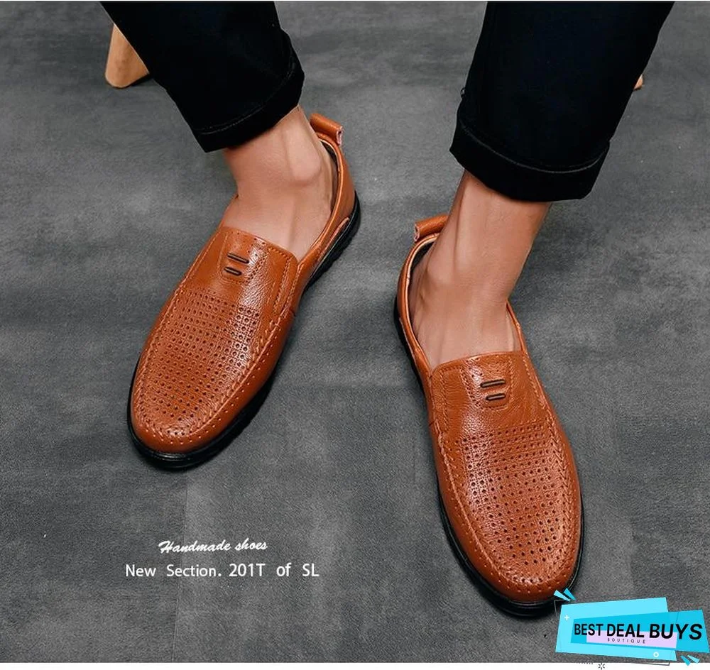 New Openwork Men Black Loafer Perforated Shoes Leather Flats Driving Shoes Business Men's Shoes