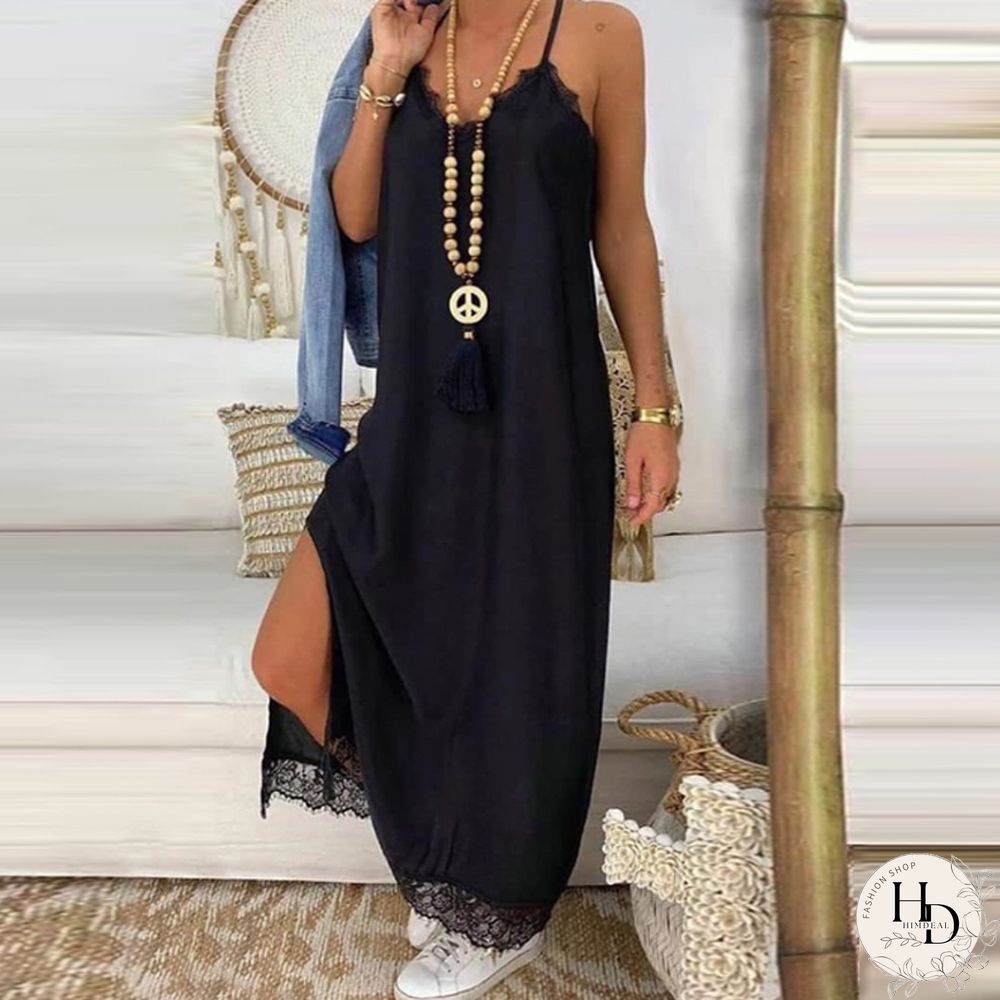 Women New Lace Backless Sling Long Dress Casual Harajuku Solid COlor Loose Slit Dress Sexy Lace Hem Patchwork Nightdress Vestido
