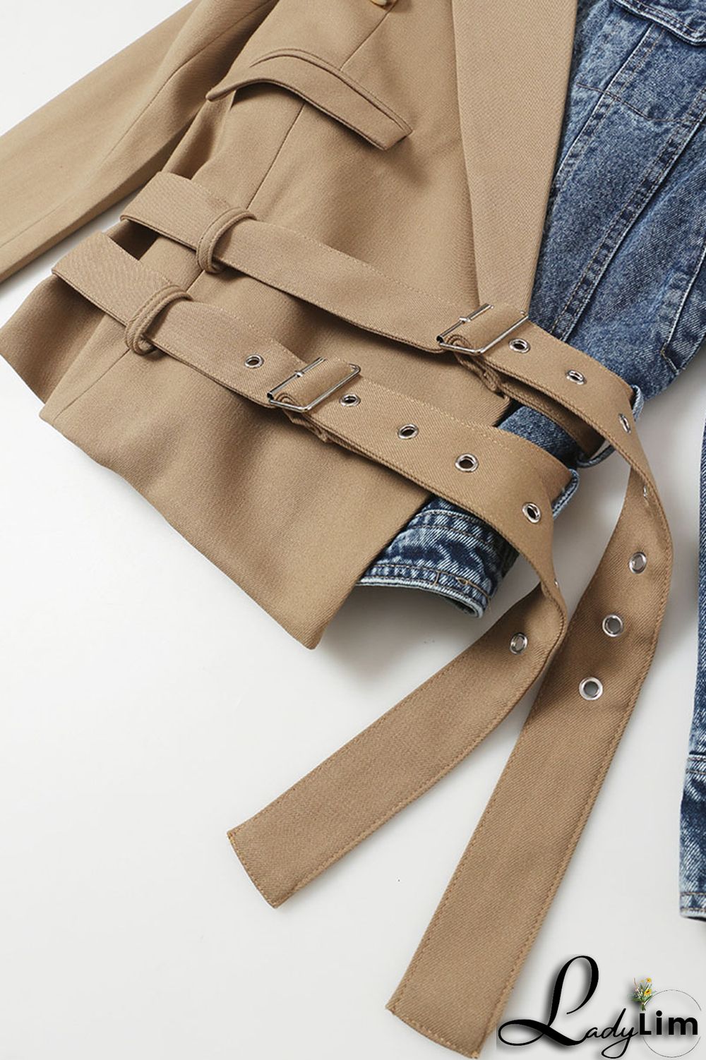 Khaki Street Solid Patchwork Turn-back Collar Outerwear