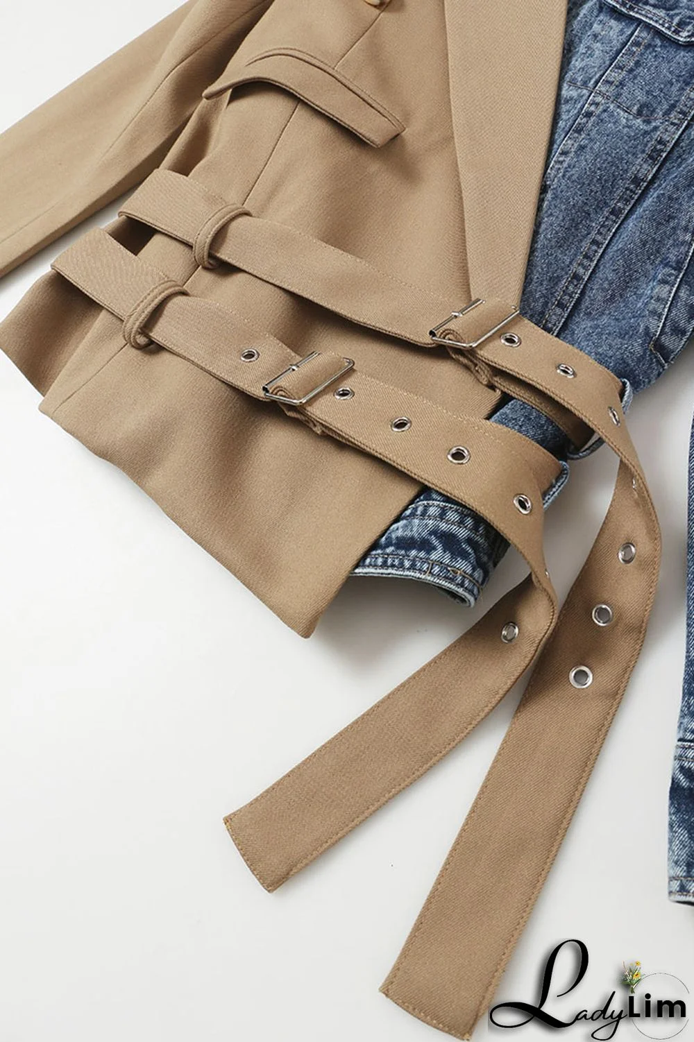 Khaki Street Solid Patchwork Turn-back Collar Outerwear