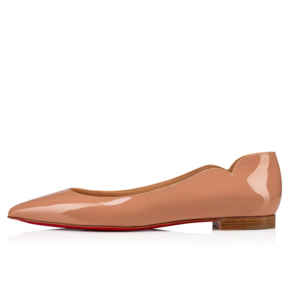 Women's Red Bottom Flat Shoes Pointed Toe Solid Color Patent Leather V-shaped Notches Shoes-vocosishoes