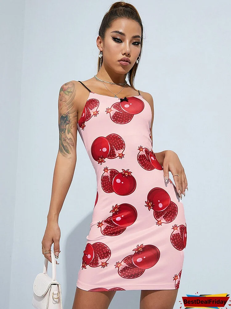Fruit Print Backless Mini Strap Bodycon Bow Sexy Dress