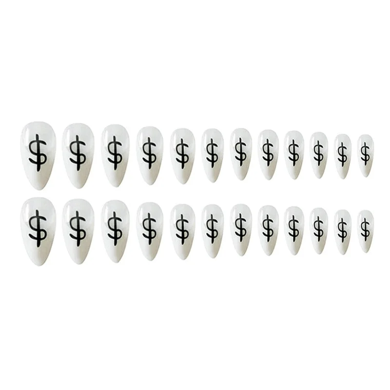 24Pcs/Set Dollar Sign Fake Nails Detachable White Sharp False Nail Decoration Nail Art Tools Press On Fake Nails With Glue