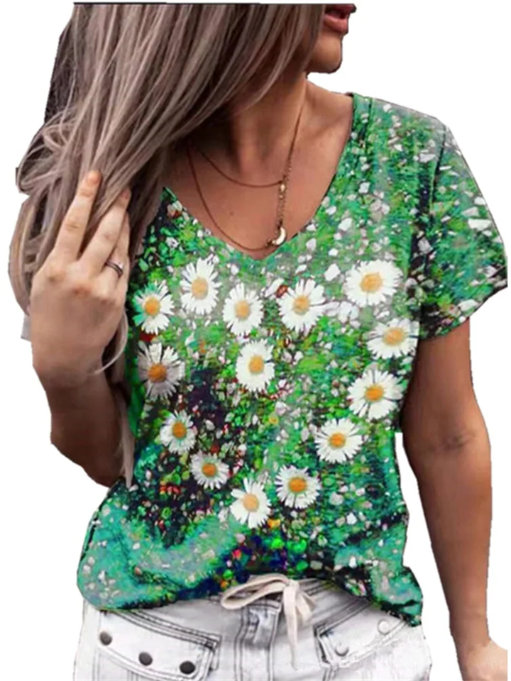 Summer New Four-color Green, Gray, Purple, Red Women's Love Print V-neck Short-sleeved T-shirt Tops Loose T-shirt S,M,L,XL,XXL,XXXL | 168DEAL