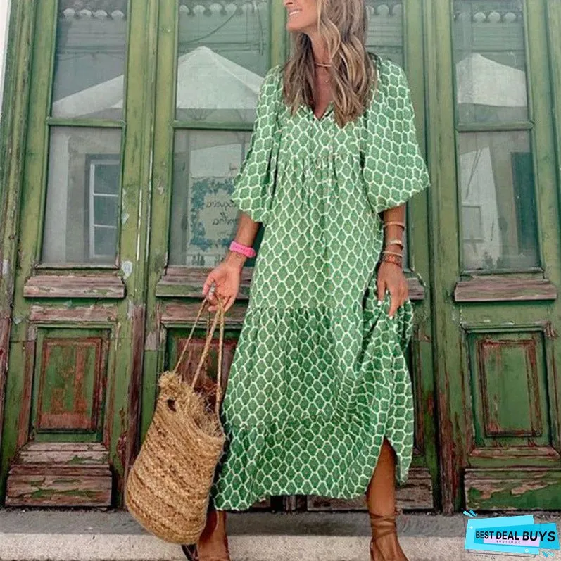 Women's Bohemian Round Neck Lantern Sleeve Sweet Dresses