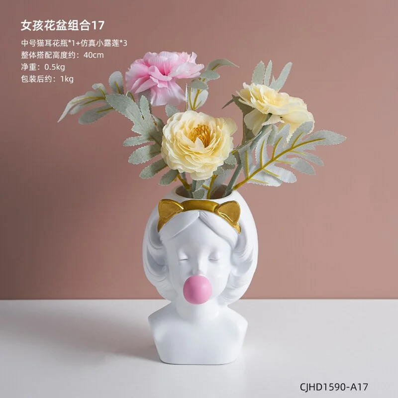 Nordic style girl flower pot plant resin flower pot rabbit ear/cat ear girl potted modern living room decoration decoration gift