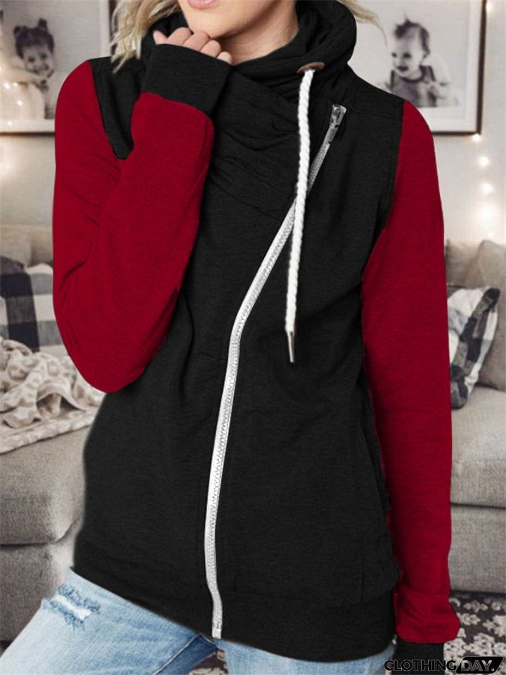Vogue Personality Contrast Color Zipper Female Hoodies