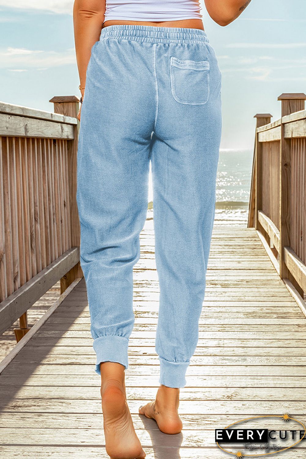 Sky Blue Elastic Waist Jogger Pants with Pockets