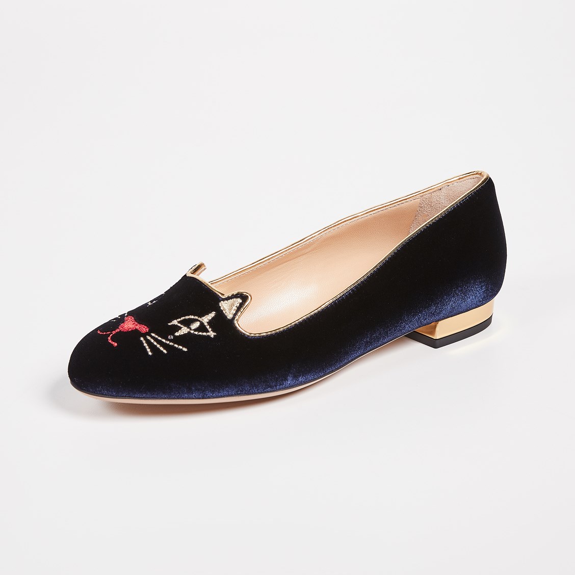 Casual Round Toe Cat Embroidered Velvet Flats in Navy