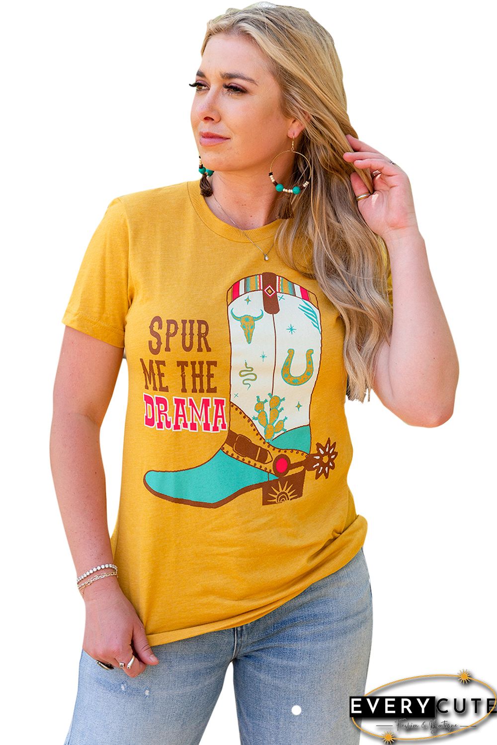 Yellow Western Boots Letter Graphic Printed Crew Neck T Shirt