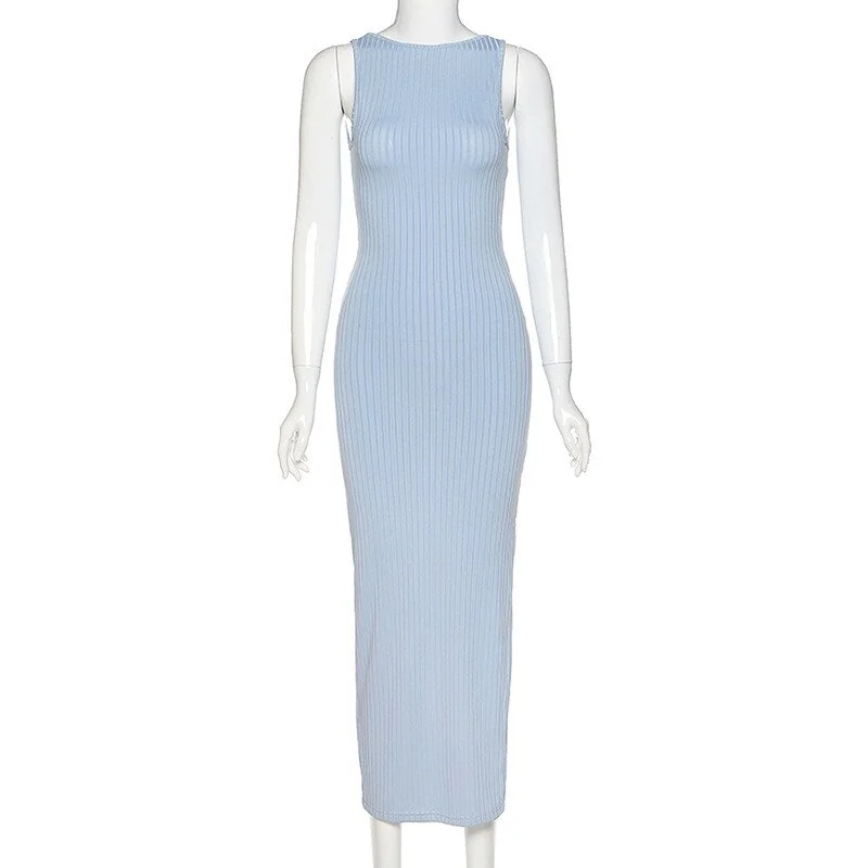 Hugcitar 2020 sleeveless hollow out slit sexy maxi dress summer women fashion streetwear outfits sundress