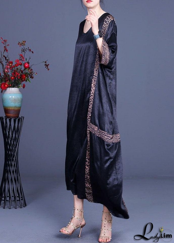 Casual Black Print Patchwork Silk asymmetrical design Summer Party Dress