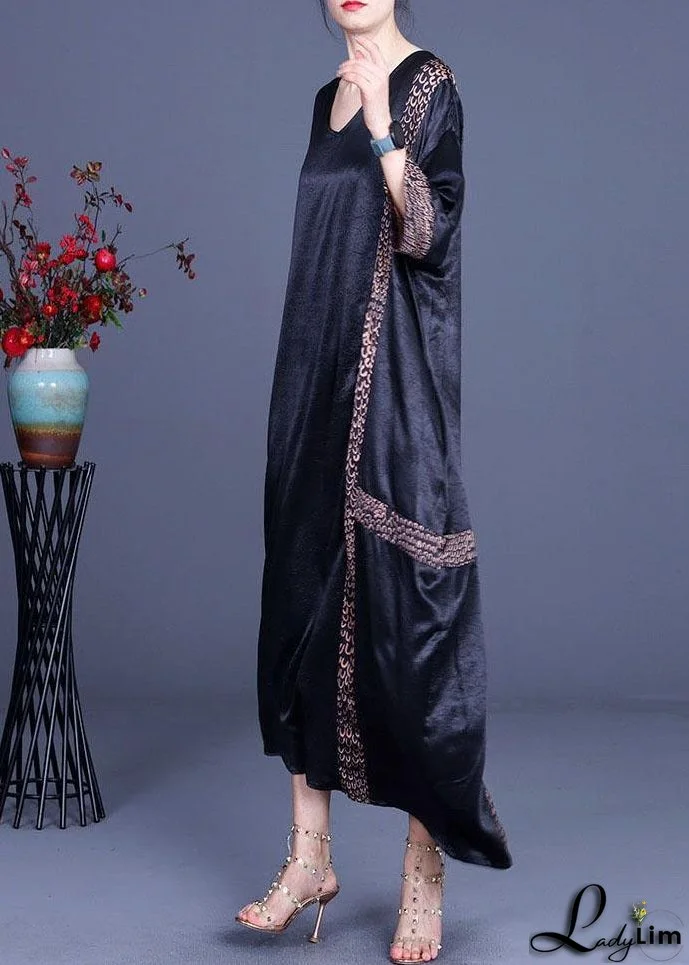 Casual Black Print Patchwork Silk asymmetrical design Summer Party Dress