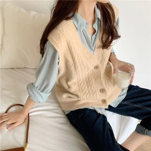 Women Sweater Vest Knitted Spring New Loose Lovely Gentle Elegant All-match V-neck Single Breasted Outwear Leisure Trendy Chic
