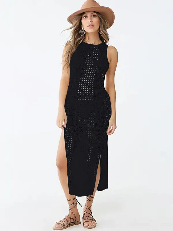 Crochetgo Hollow Sleeve Split-Side Vacation Cover-Up Swimwear