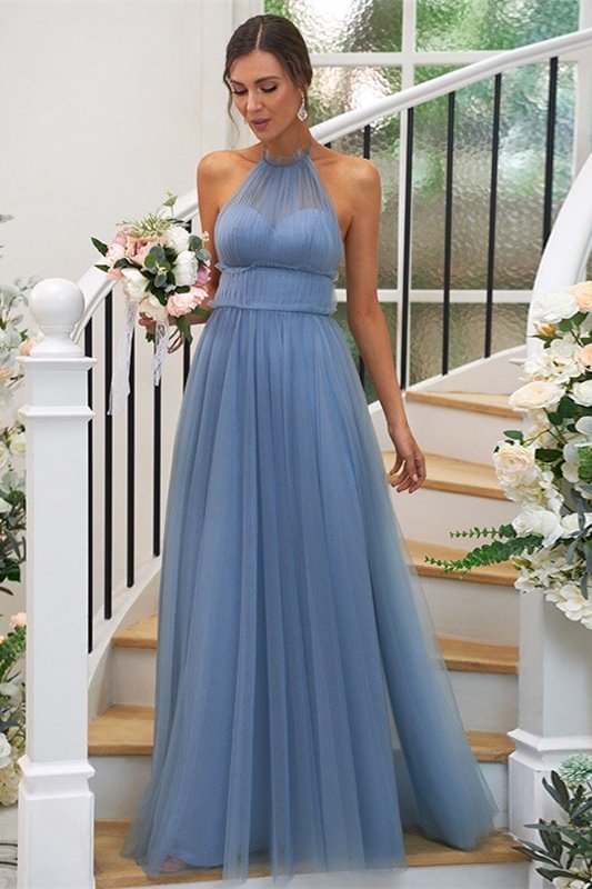 Luluslly Dusty Blue Halter Long Bridesmaid Dress Sleeveless