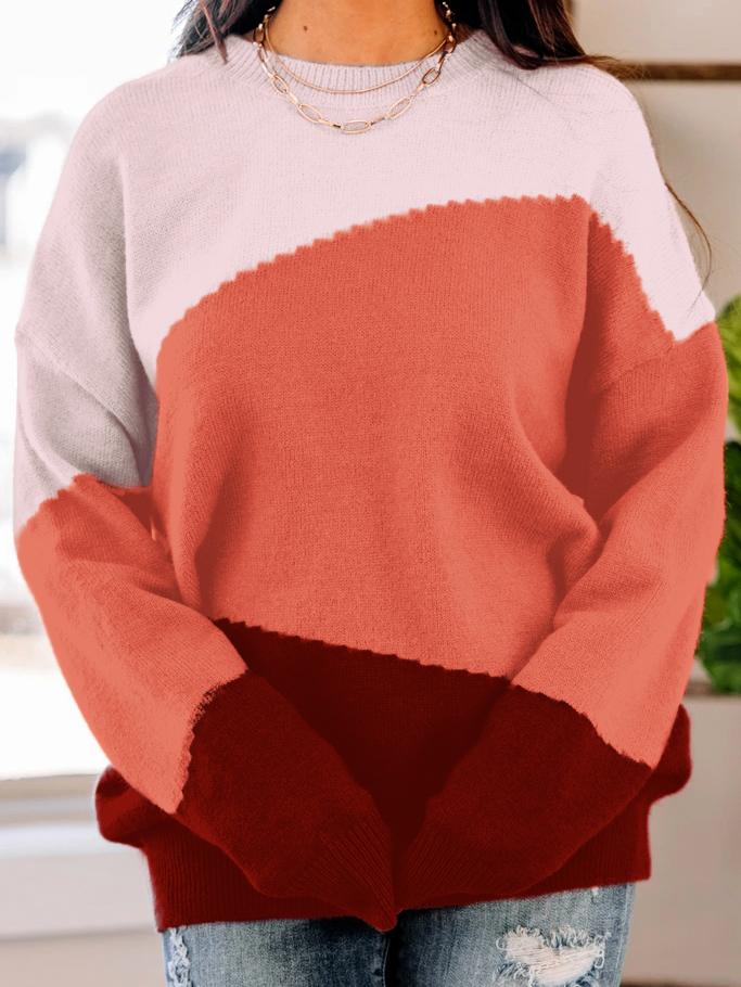 Women Long Sleeve Scoop Neck Colorblock Sweater Top