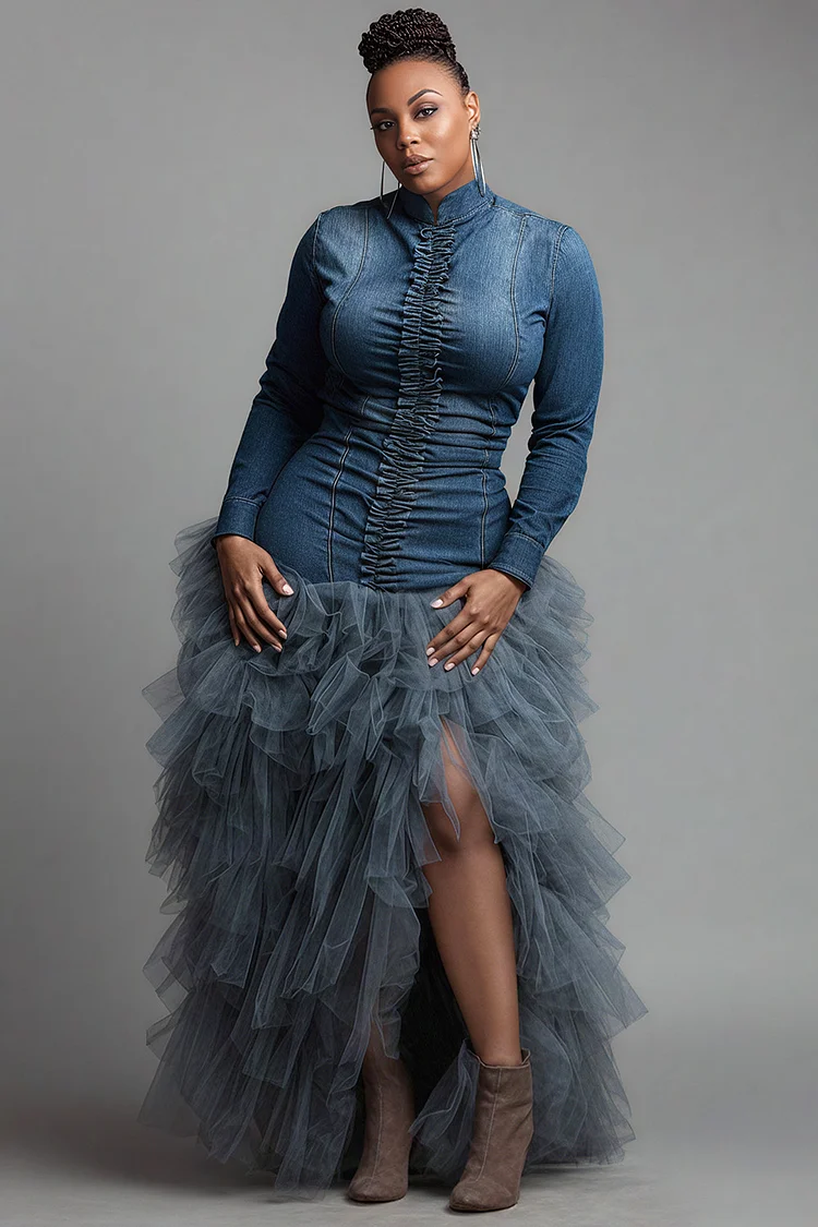 Xpluswear Design Plus Size Party Tulle Blue Stand-Up Collar Long Sleeve Ruffle Elegant Split Denim Maxi Dresses 2024 - Xpluswear