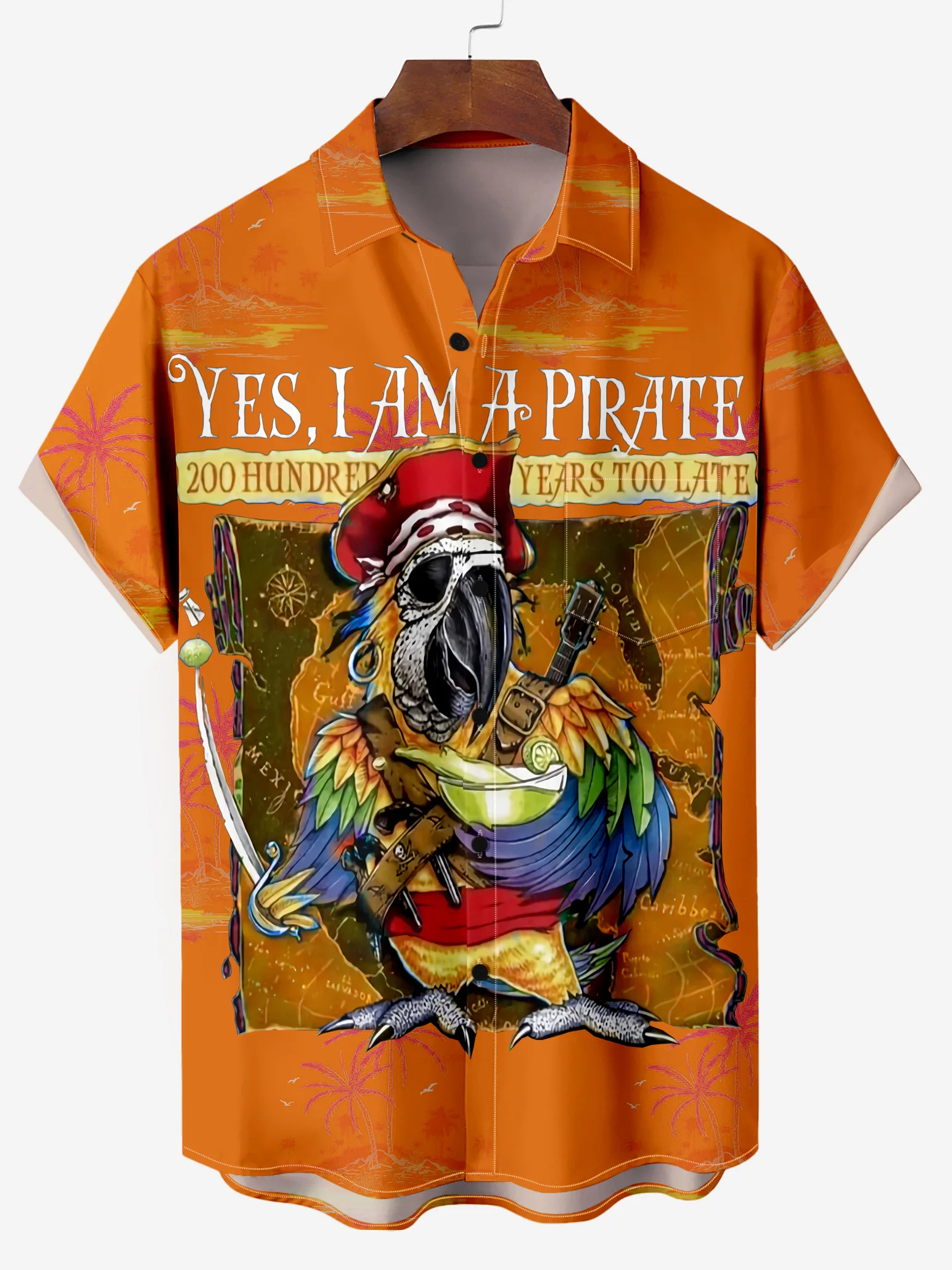 Men's Hawaiian Island Parrot Pirate Mr. Map Print Shirt PLUSCLOTHESMAN