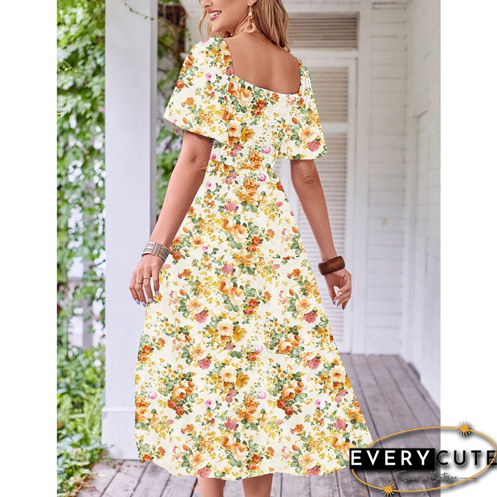 Light Yellow Puff Sleeves Back Pleated Floral Dress