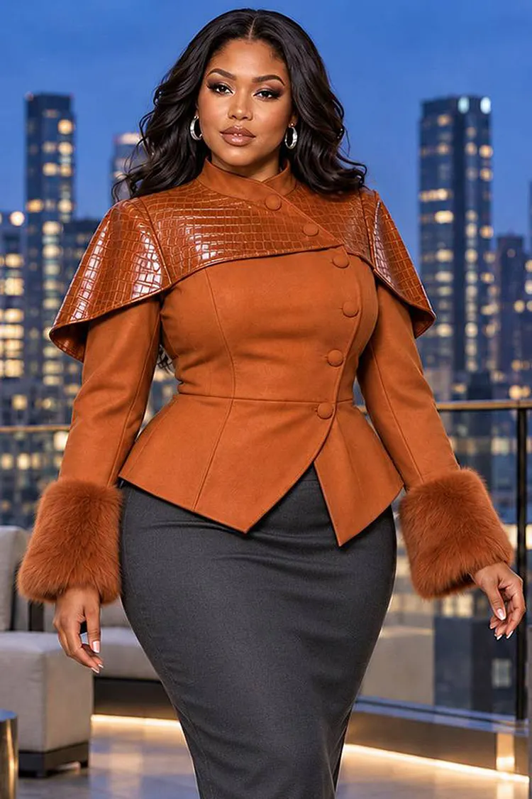 Xpluswear Design Plus Size Business Casual Orange Stand-Up Collar Long Sleeve Trimmings Contrast PU Leather Jacket [Pre-Order] 2024 - Xpluswear