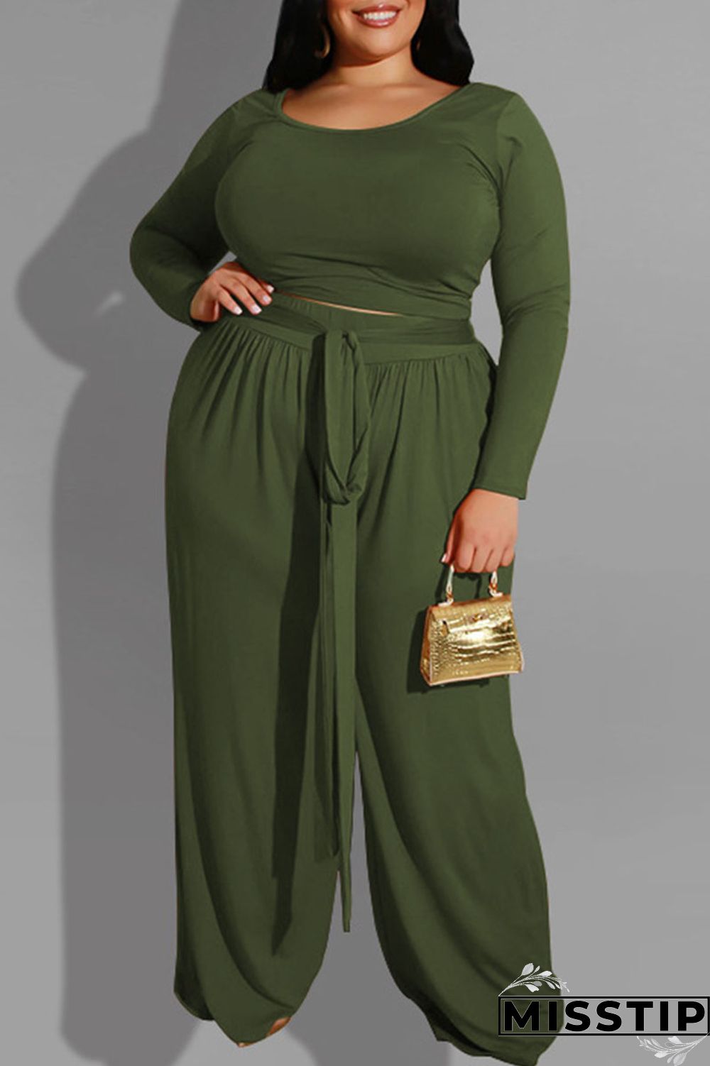 Brown Casual Solid With Belt O Neck Plus Size Two Pieces