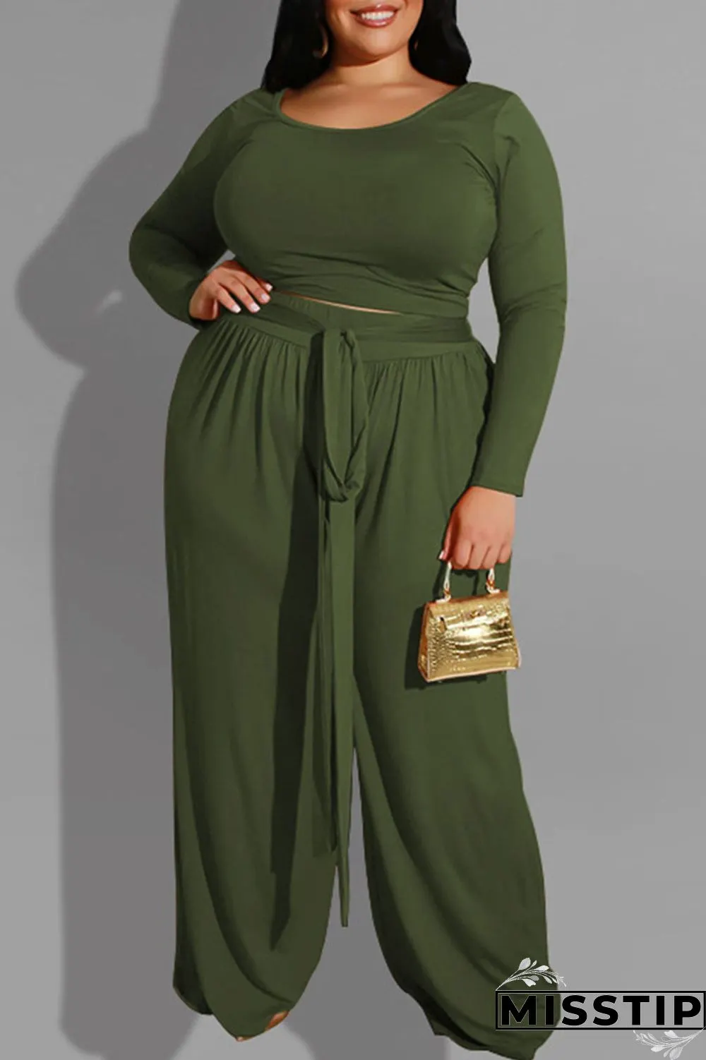 Brown Casual Solid With Belt O Neck Plus Size Two Pieces