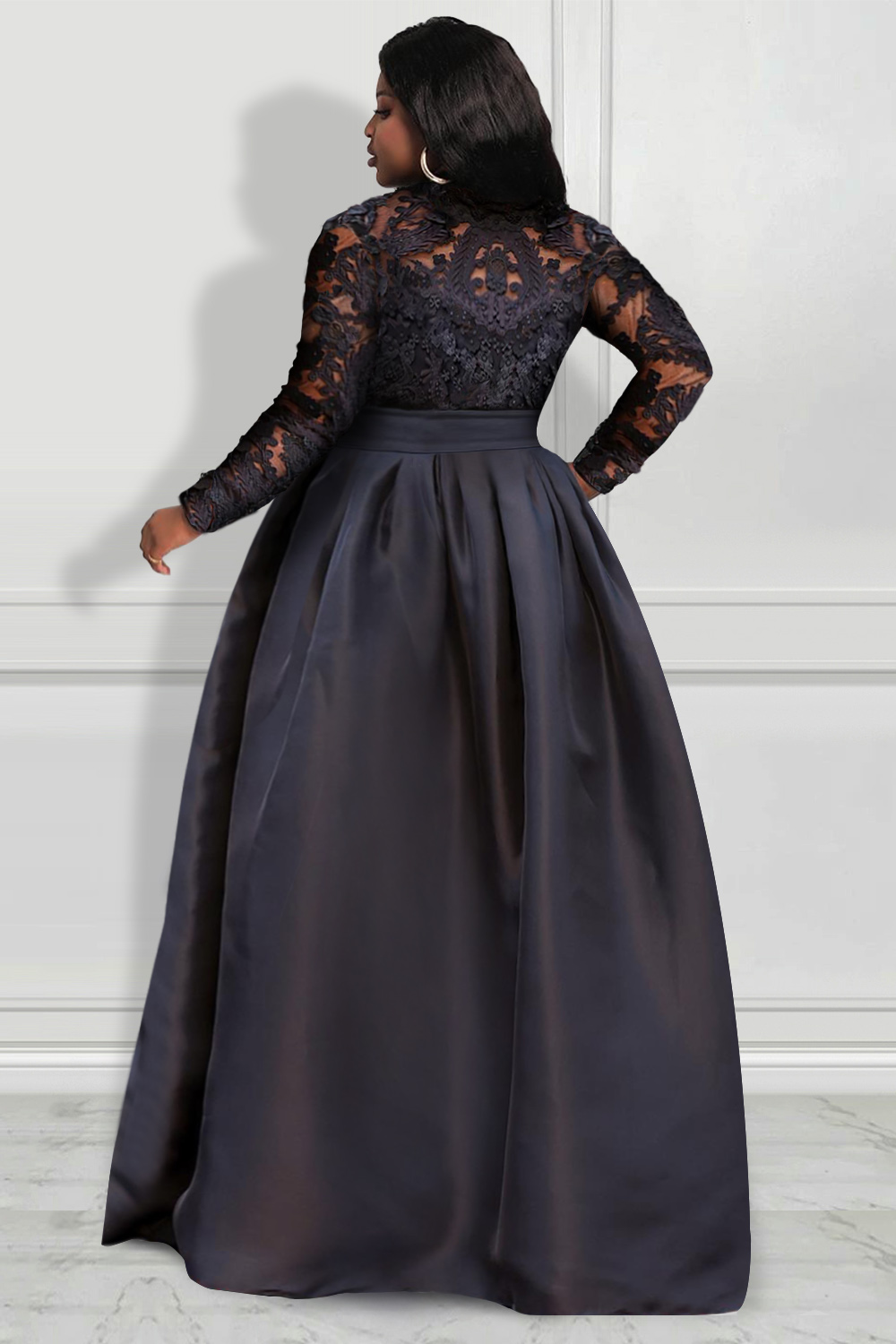 Design Plus Size Black Formal Lace Long Sleeve With Pocket Satin Maxi Dresses