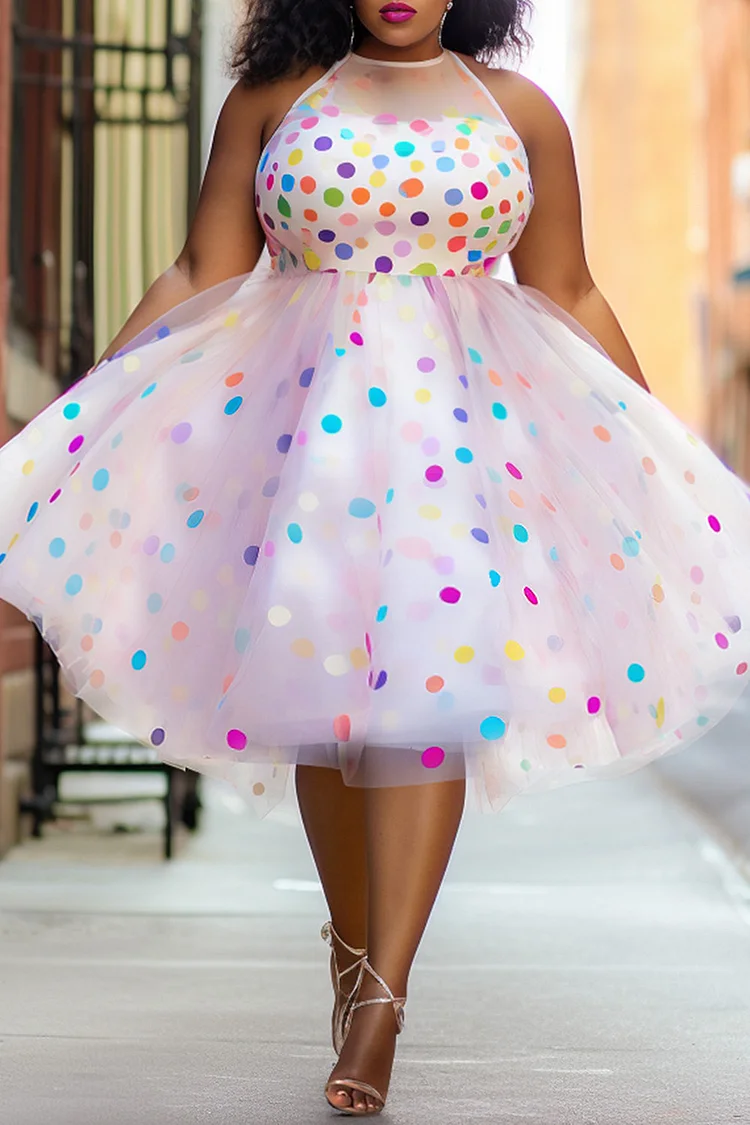 Xpluswear Design Plus Size Party Pink Polka Dot Round Neck Tulle Midi Dresses