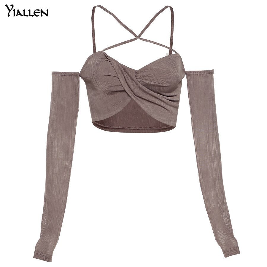 Yiallen Fashion Sexy Bandage Low Chest Beach Coat Women Elegant Lantern Sleeve French Romantic Slim Wild Female Tshirt 2021New