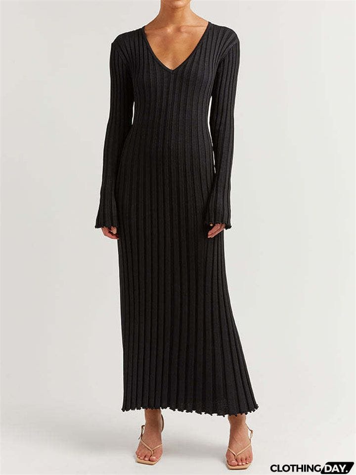 Winter Casual Sexy V Neck Ribbed Slim Knitted Lady Dress