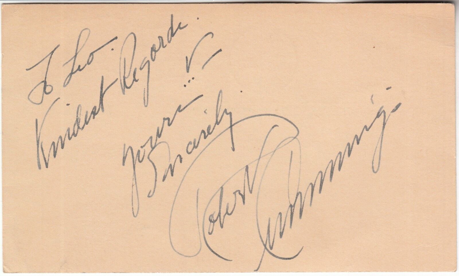 ROBERT 'BOB' CUMMINGS VINTAGE 1942 AUTOGRAPH .. signed 3x5 card .. UACC RD COA