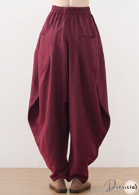 Plus Size Wine Red Pockets Wide Leg Pants Fall