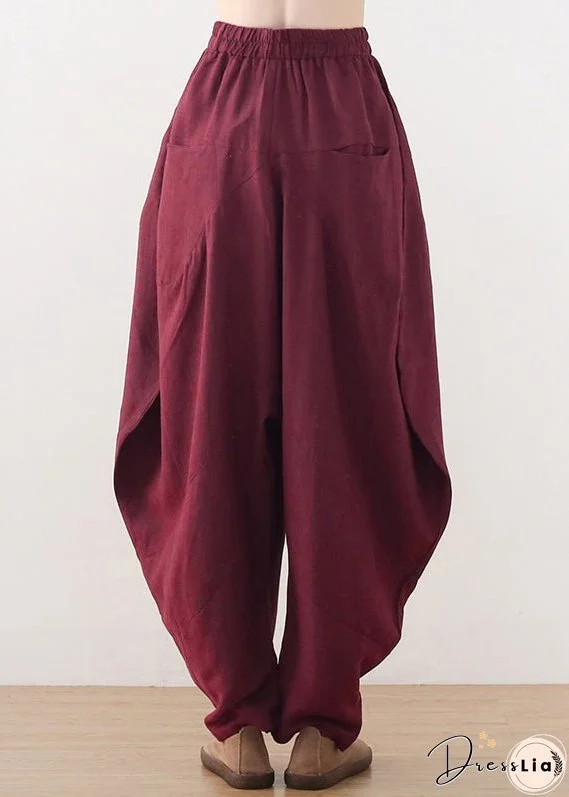 Plus Size Wine Red Pockets Wide Leg Pants Fall