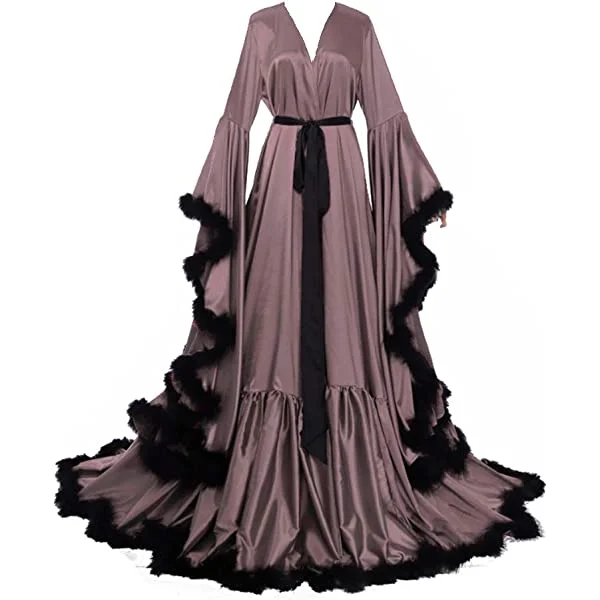 Women's Feather Bridal Robe Long Wedding Scarf Cloak Lingerie Robe Sexy Nightgown Bathrobe with Belt