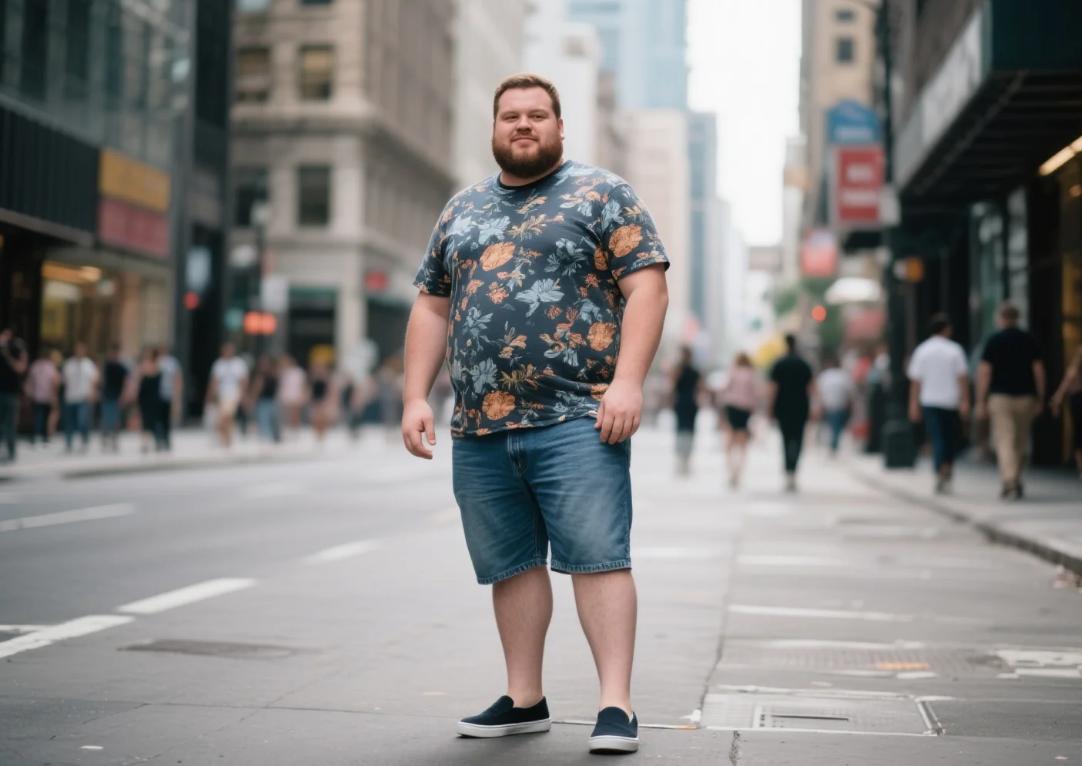 A man wear casual big and tall shorts and slid-ons