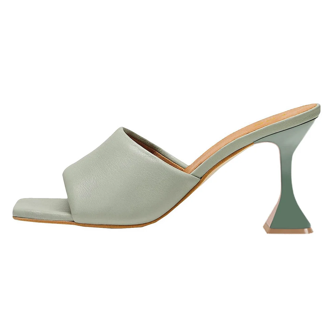 Gray Vegan Leather Wide Band Square Toe Flared Heel Enchanting Mules