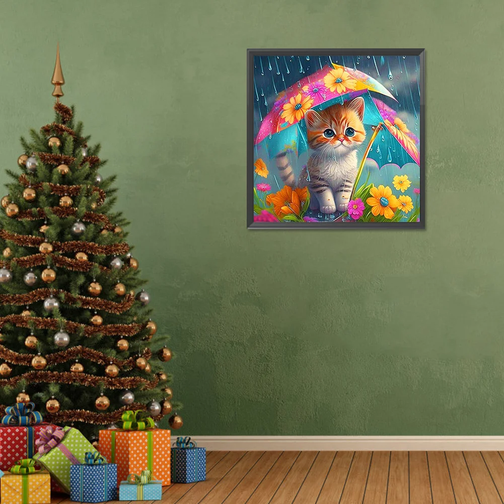 Diamond Painting - Full Round Drill - Umbrella Cat(Canvas|30*30cm)
