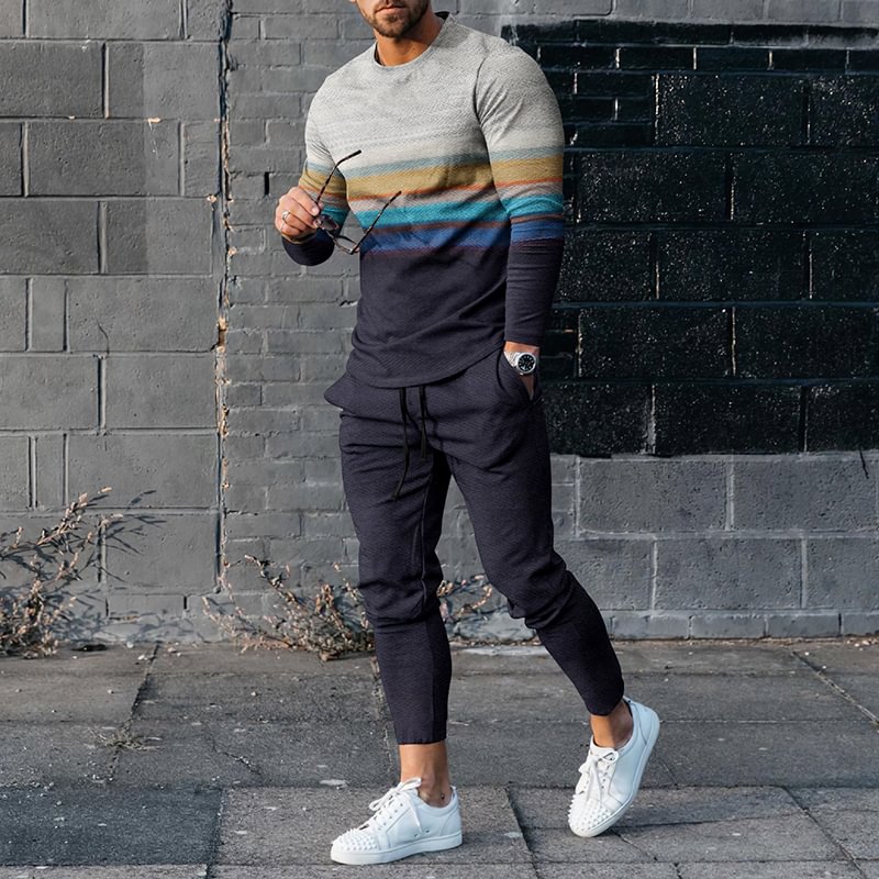 Casual Color Contrast Striped Navy Blue T-Shirt And Pants Co-Ord