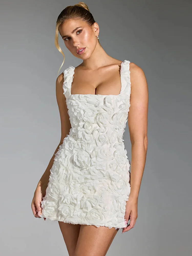 Women Fashion 3D Flower Sexy Slim Hip Package Female Party Mini Dress
